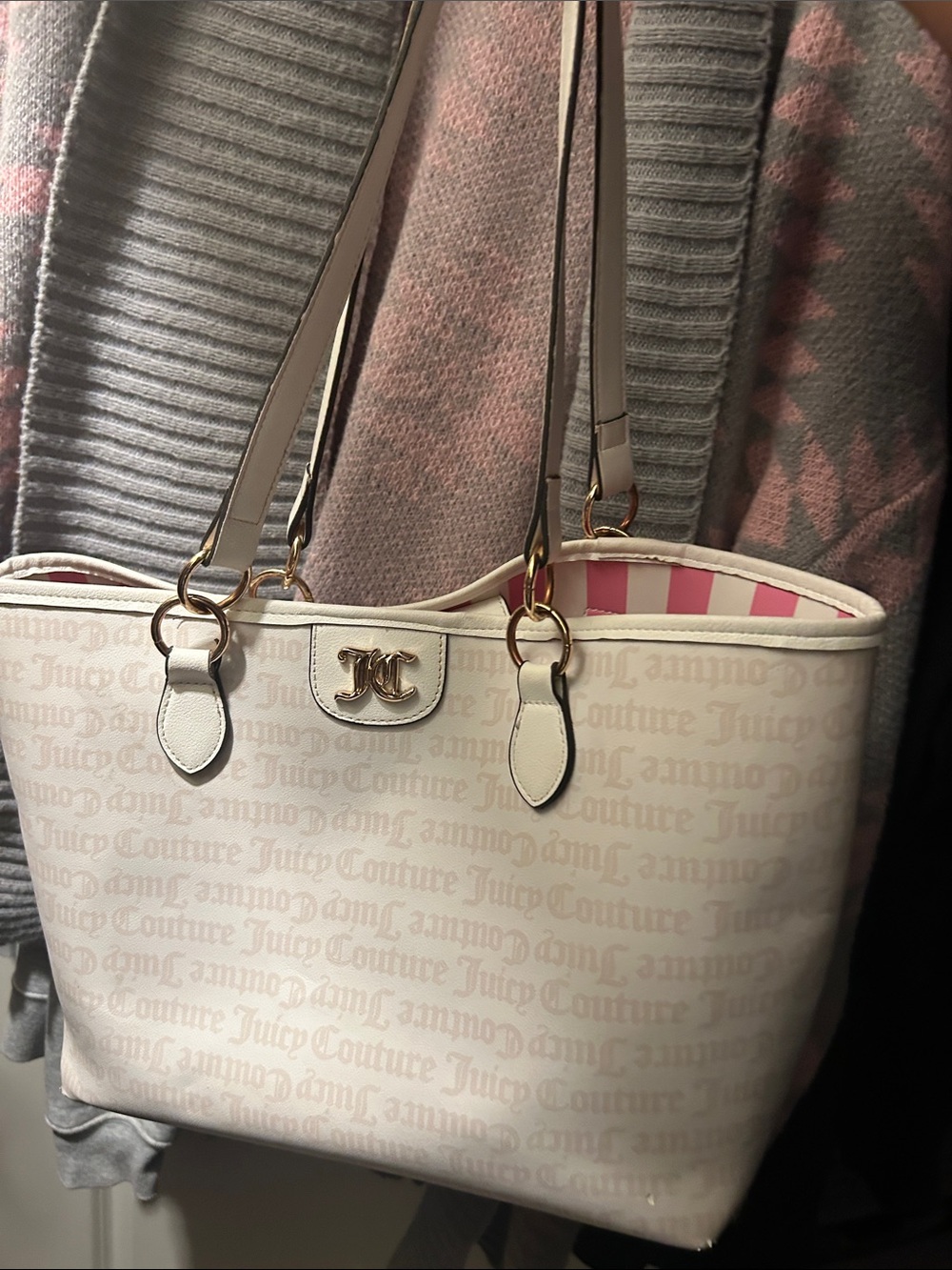 Juicy Couture Cream Logo Tote with Pink Stripe Lining